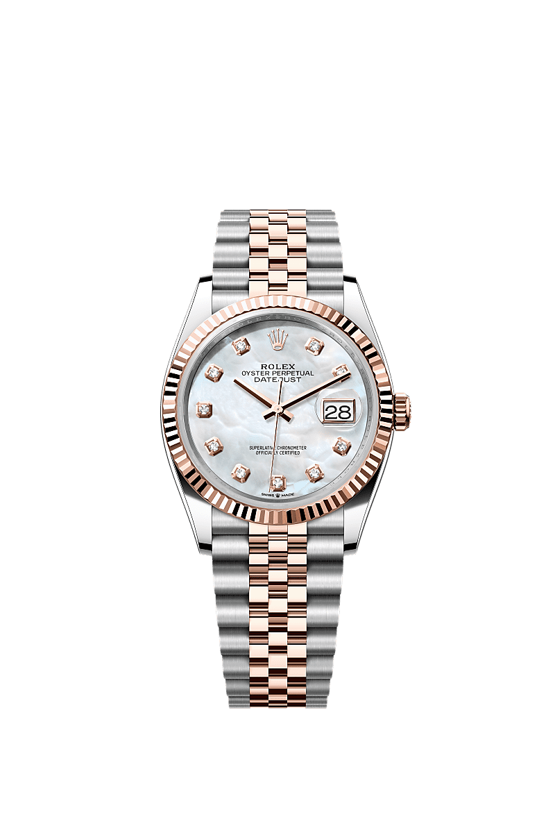 Datejust 36, Oyster, 36 mm, stal Oystersteel i różowe złoto Everose, Tarcza : Biała, z masy perłowej, wysadzana brylantami, Rolex