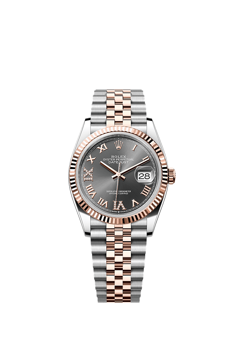 Datejust 36, Oyster, 36 mm, aço Oystersteel e ouro Everose, Mostrador : Ardósia cravejado de diamantes, Rolex