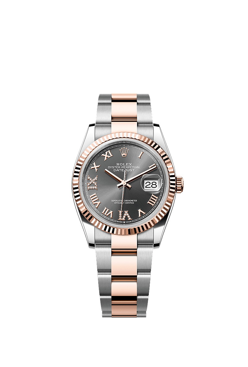 Datejust 36, Oyster, 36 mm, aço Oystersteel e ouro Everose, Mostrador : Ardósia cravejado de diamantes, Rolex