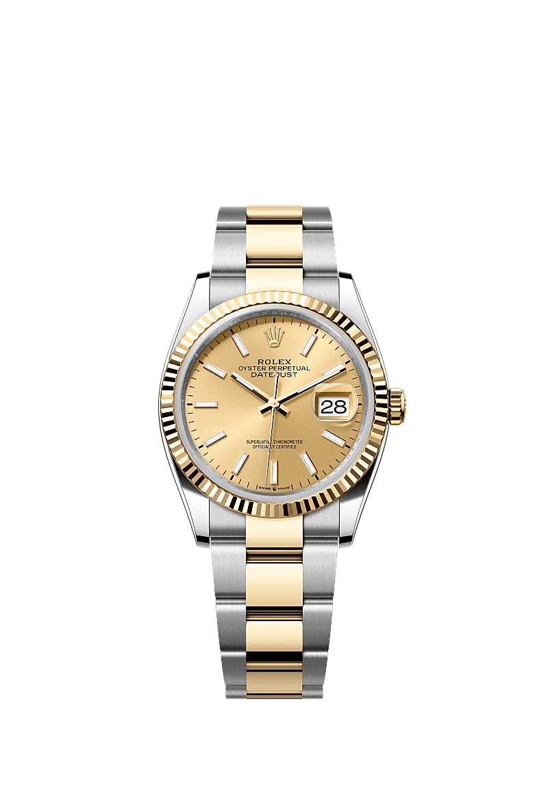 Datejust 36, Oyster, 36 mm, aço Oystersteel e ouro amarelo, Mostrador : Cor champagne, Rolex