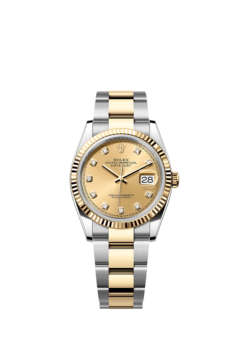 Datejust 36, Oyster, 36 mm, Oystersteel en geelgoud, Wijzerplaat : Champagnekleurig, bezet met diamanten, Rolex