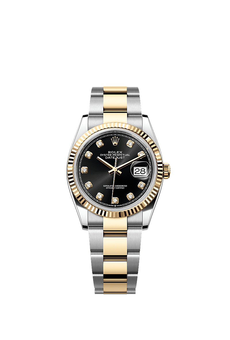 Datejust 36, Oyster, 36 mm, Oystersteel dan emas kuning, Permukaan : Hitam terang dipasangkan dengan berlian, Rolex