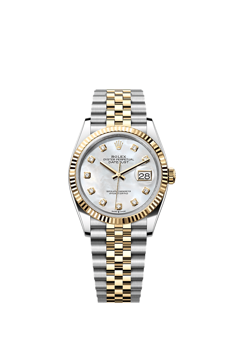 Datejust 36, Oyster, 36 mm, Oystersteel dan emas kuning, Permukaan : Mutiara tempurung putih bertatahkan berlian, Rolex