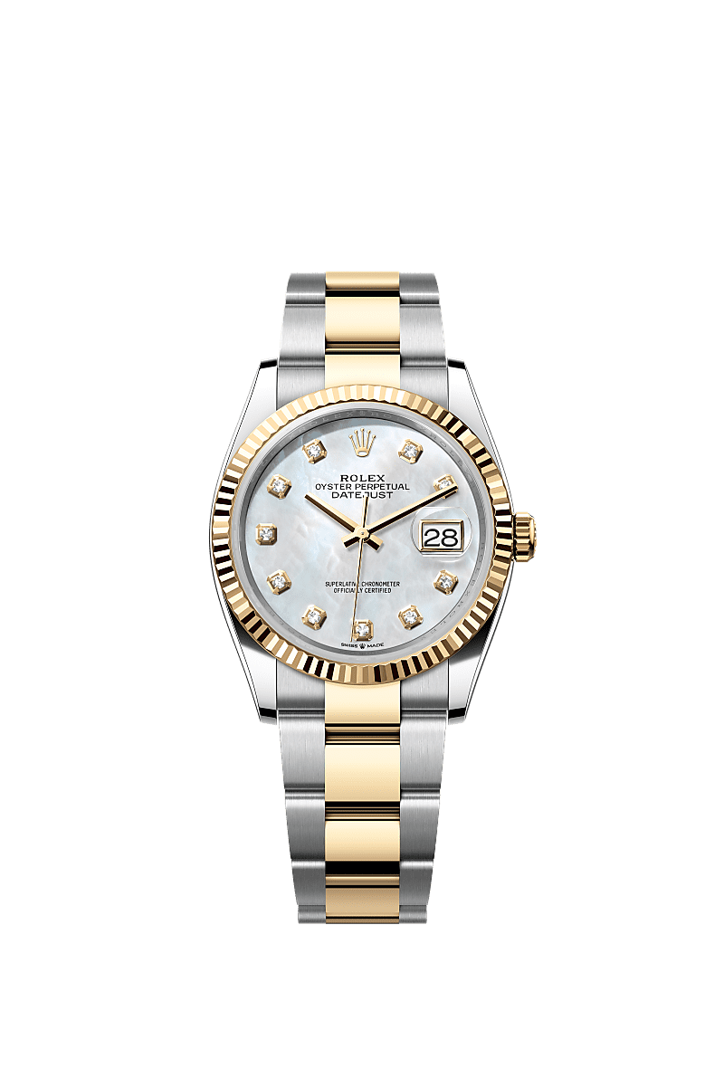 Datejust 36, Oyster, 36 mm, acero Oystersteel y oro amarillo, Esfera : Nácar blanco engastada de diamantes, Rolex