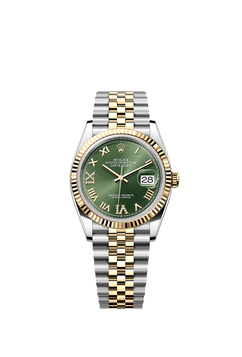 Datejust 36, Oyster, 36 мм, сталь Oystersteel и желтое золото, Циферблат : Оливкового цвета, бриллианты, Rolex