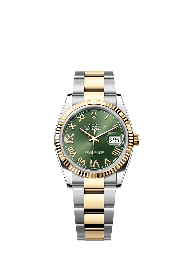 Datejust 36, Oyster, 36 mm, thép Oystersteel và vàng kim, Mặt đồng hồ : Bộ oliu màu xanh lá nạm kim cương, Rolex