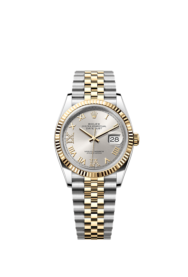 Datejust 36, Oyster, 36 mm, Oystersteel dan emas kuning, Permukaan : Perak dipasangkan dengan berlian, Rolex