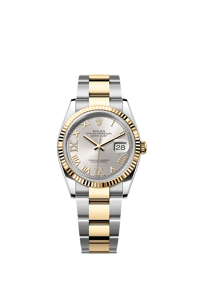 Datejust 36, Oyster, 36 mm, thép Oystersteel và vàng kim, Mặt đồng hồ : màu bạc, nạm kim cương, Rolex
