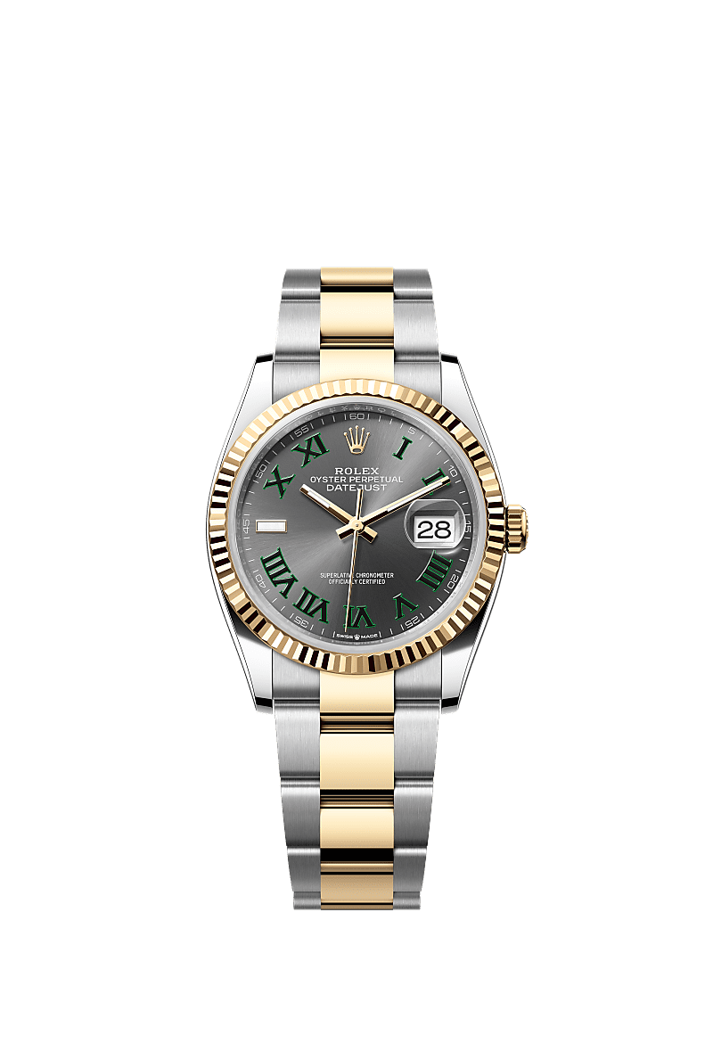 Datejust 36, Oyster, 36 mm, Oystersteel en geelgoud, Wijzerplaat : Leigrijs, Rolex