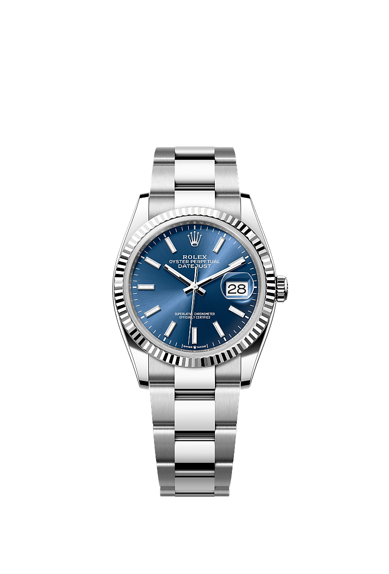 Datejust 36, Oyster, 36 มม., Oystersteel และทองคำขาว, หน้าปัด : สีน้ำเงินสว่าง, Rolex
