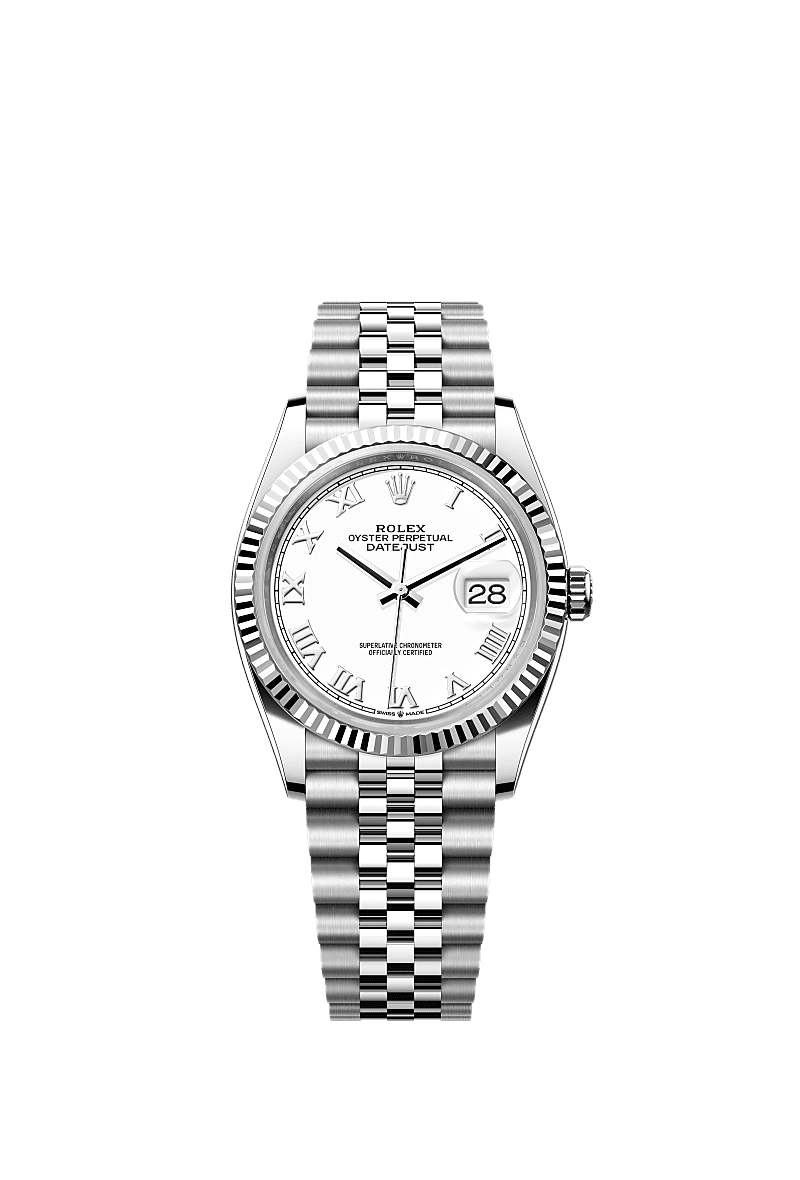 Datejust 36, Oyster, 36 mm, aço Oystersteel e ouro branco, Mostrador : Branco, Rolex