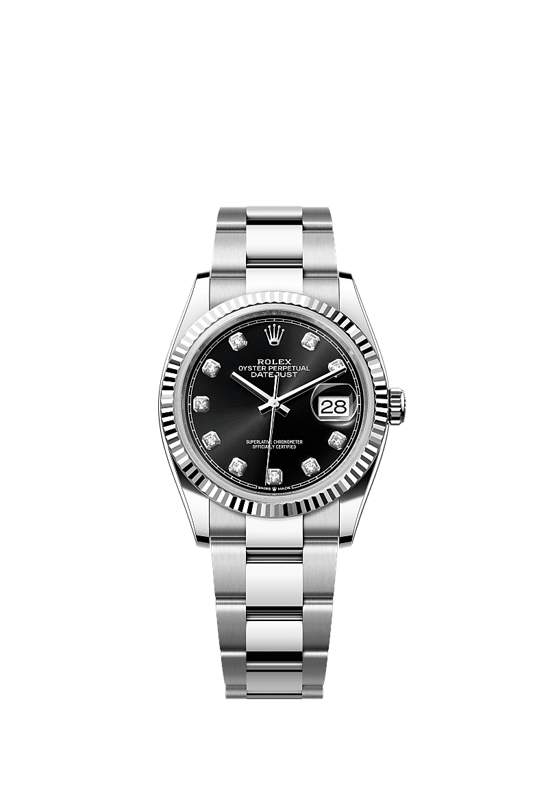 Datejust 36, Oyster, 36 mm, Oystersteel and white gold, Dial : Bright black set with diamonds, Rolex