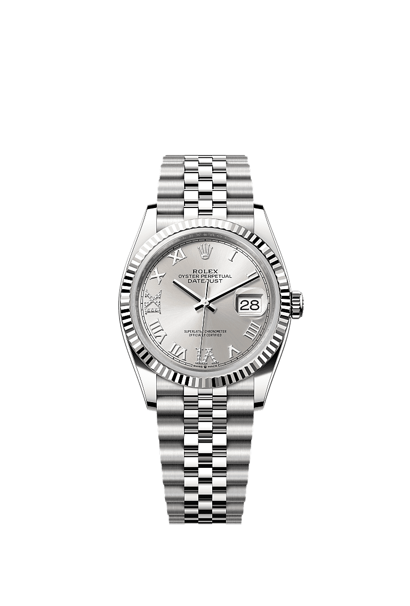 Datejust 36, 蠔式,36毫米,白色黃金及蠔式鋼, 錶面 : 銀色,鑲鑽石, Rolex