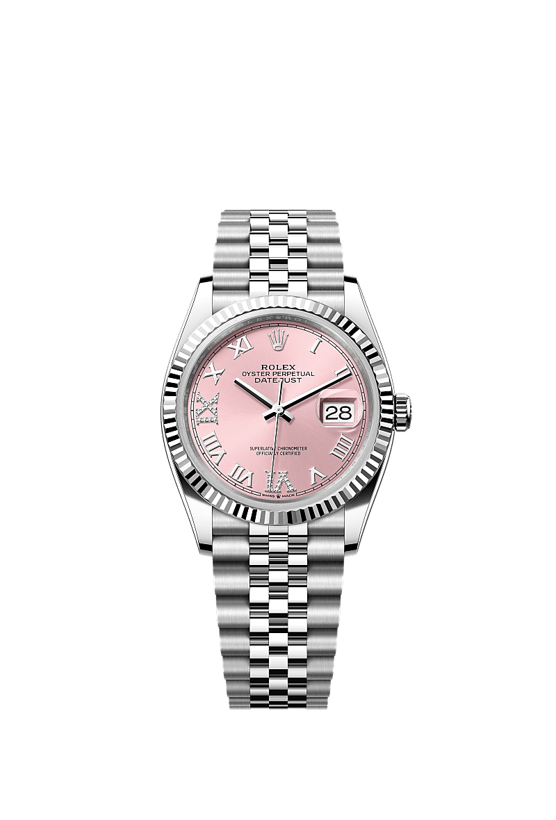Datejust 36, Oyster, 36 mm, Oystersteel dan emas putih, Permukaan : Merah jambu dipasangkan dengan berlian, Rolex