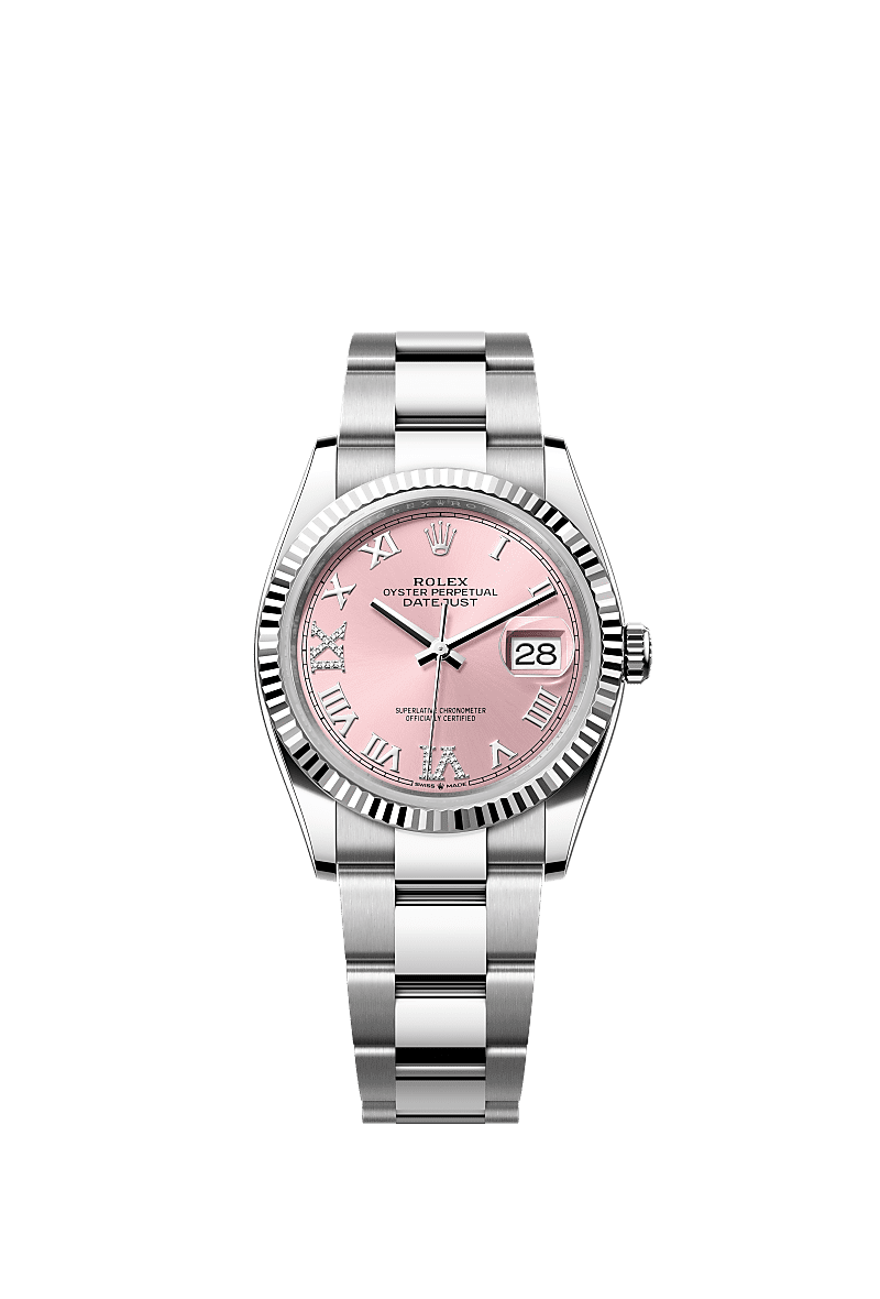 Datejust 36, Oyster, 36 mm, Oystersteel dan emas putih, Permukaan : Merah jambu dipasangkan dengan berlian, Rolex