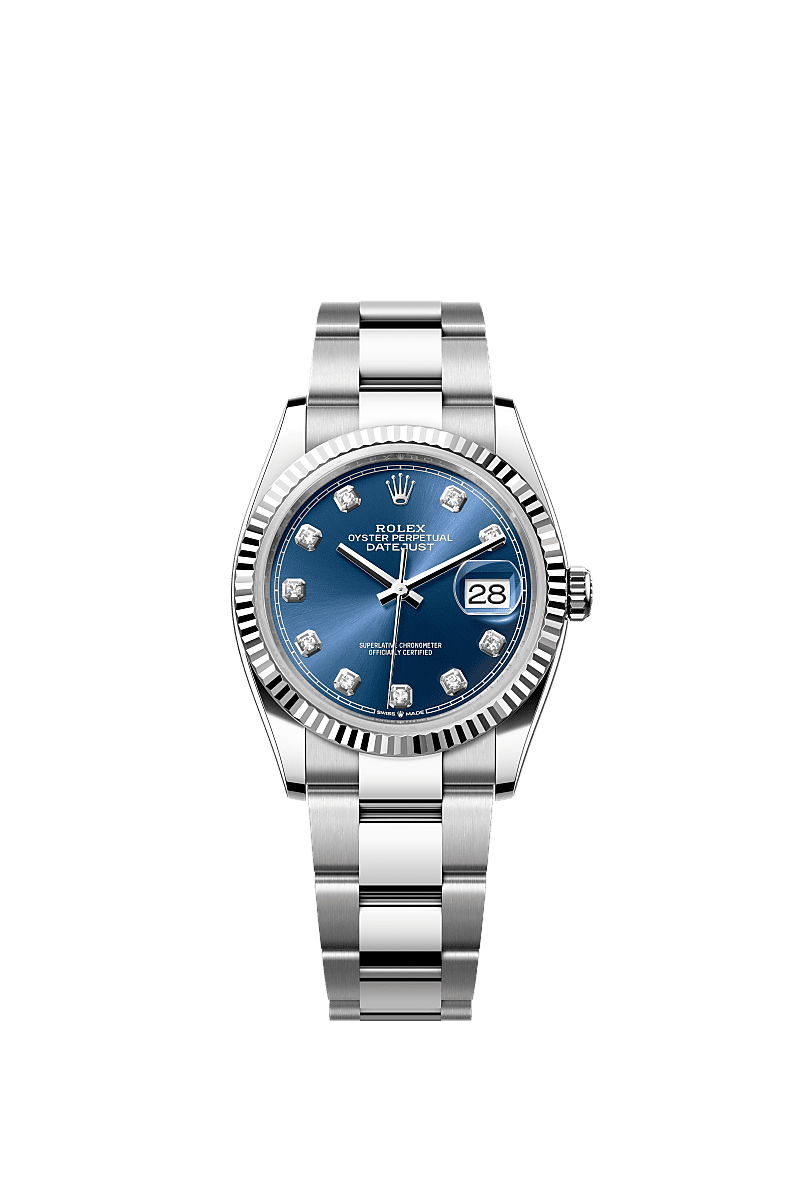 Datejust 36, Oyster, 36 mm, Oystersteel and white gold, Dial : Bright blue set with diamonds, Rolex