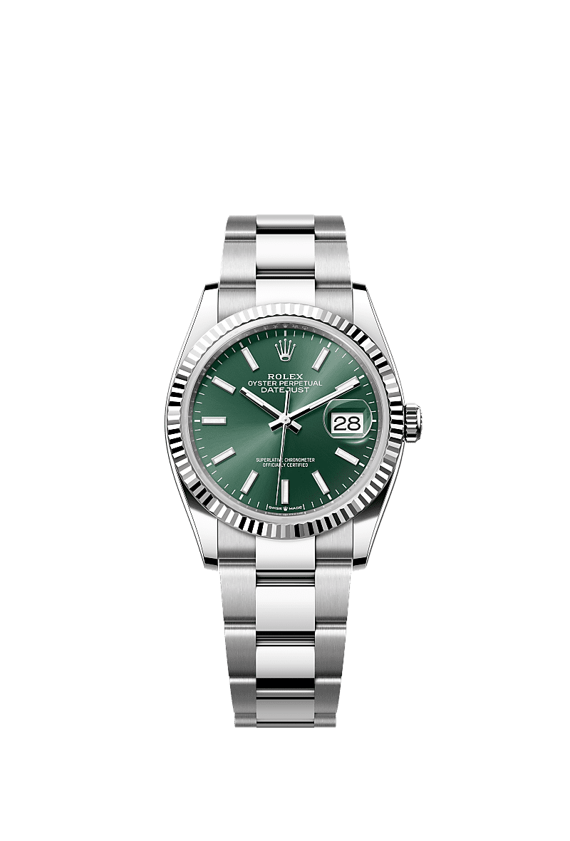 Datejust 36, Oyster, 36 มม., Oystersteel และทองคำขาว, หน้าปัด : สีเขียวมิ้นต์, Rolex