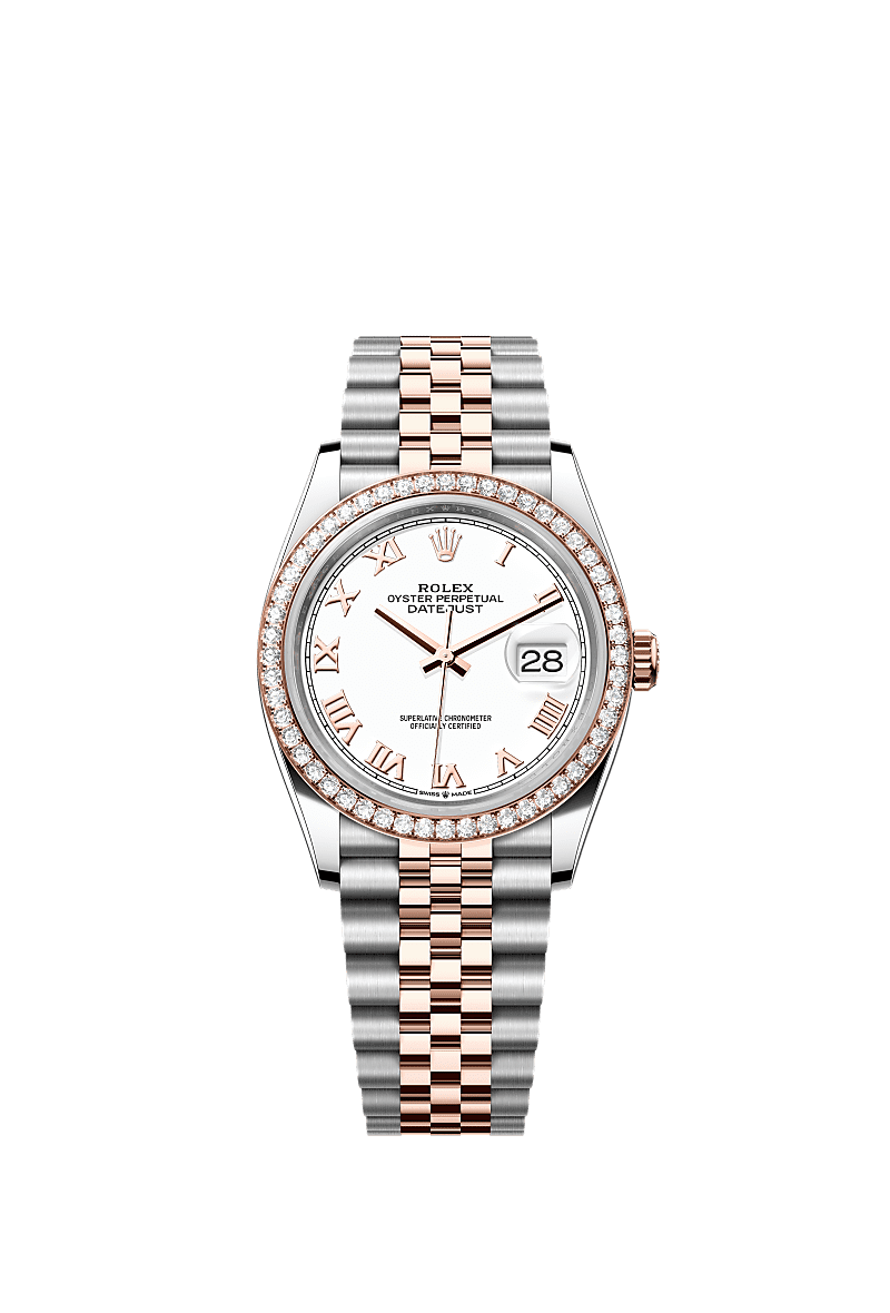 Datejust 36, Oyster, 36 mm, stal Oystersteel, różowe złoto Everose i brylanty, Tarcza : Biała, Rolex