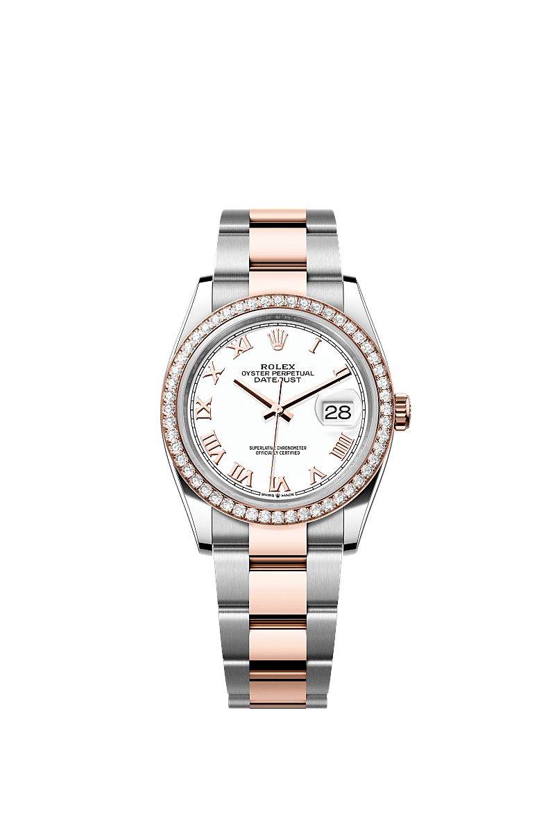 Datejust 36, Oyster, 36 mm, acciaio Oystersteel, oro Everose e diamanti, Quadrante : Bianco, Rolex