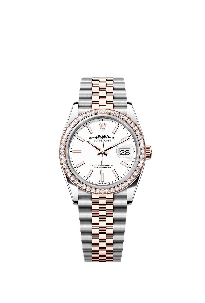 Datejust 36, Oyster, 36 mm, acciaio Oystersteel, oro Everose e diamanti, Quadrante : Bianco, Rolex