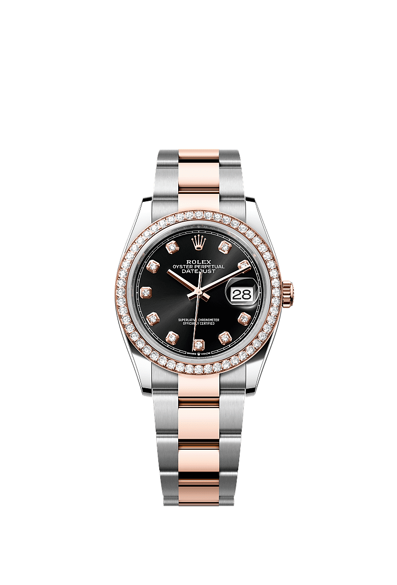 Datejust 36, Oyster, 36 mm, Oystersteel, emas Everose dan berlian, Permukaan : Hitam terang dipasangkan dengan berlian, Rolex