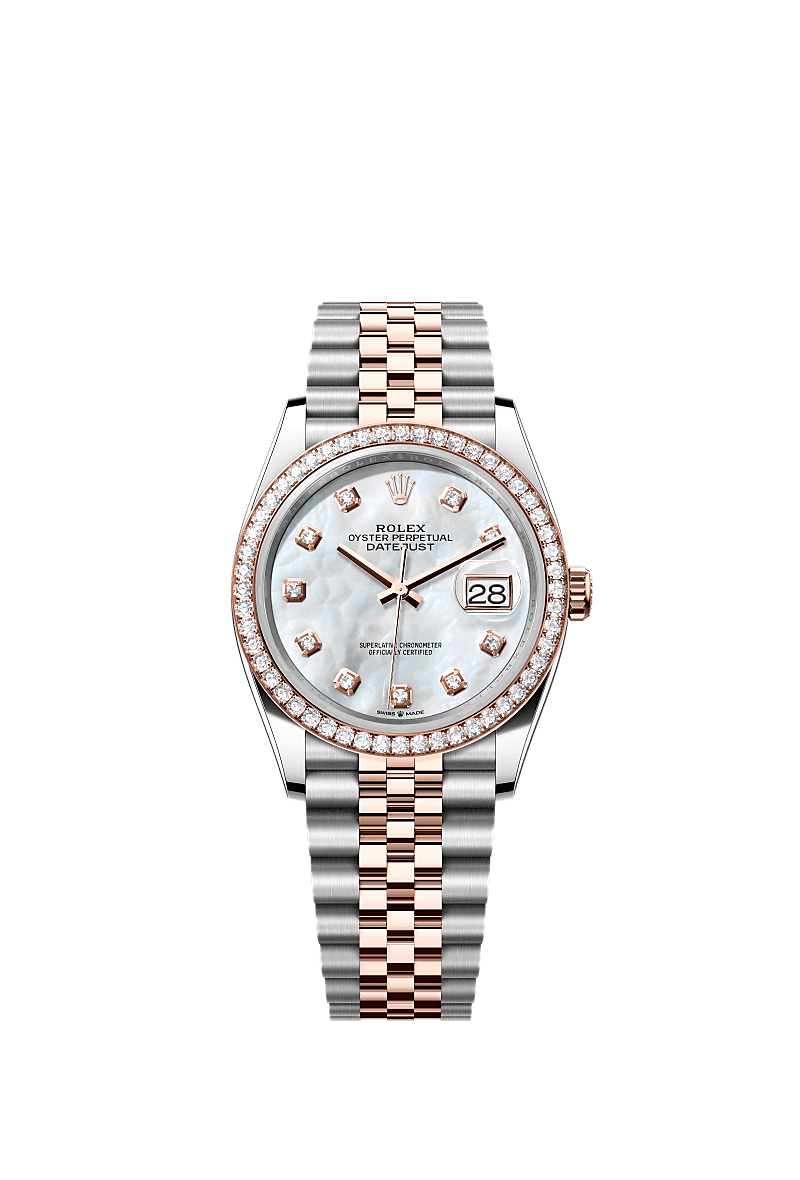 Datejust 36, Oyster, 36 mm, stal Oystersteel, różowe złoto Everose i brylanty, Tarcza : Biała, z masy perłowej, wysadzana brylantami, Rolex