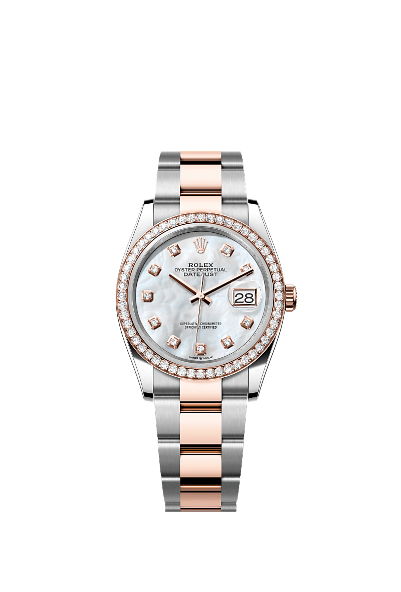 Datejust 36, Oyster, 36 mm, thép Oystersteel, vàng Eversose và kim cương, Mặt đồng hồ : Mặt đồng hồ ngọc trai trắng nạm kim cương, Rolex