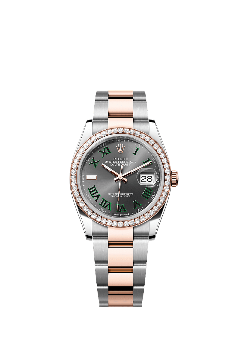 デイトジャスト 36, オイスター、36 mm、オイスタースチール＆エバーローズゴールド、ダイヤモンド, ダイアル : スレート, Rolex
