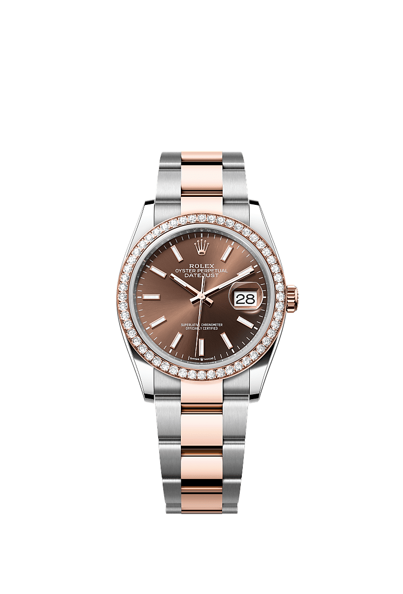Datejust 36, Oyster, 36 mm, Oystersteel, emas Everose dan berlian, Permukaan : Coklat, Rolex