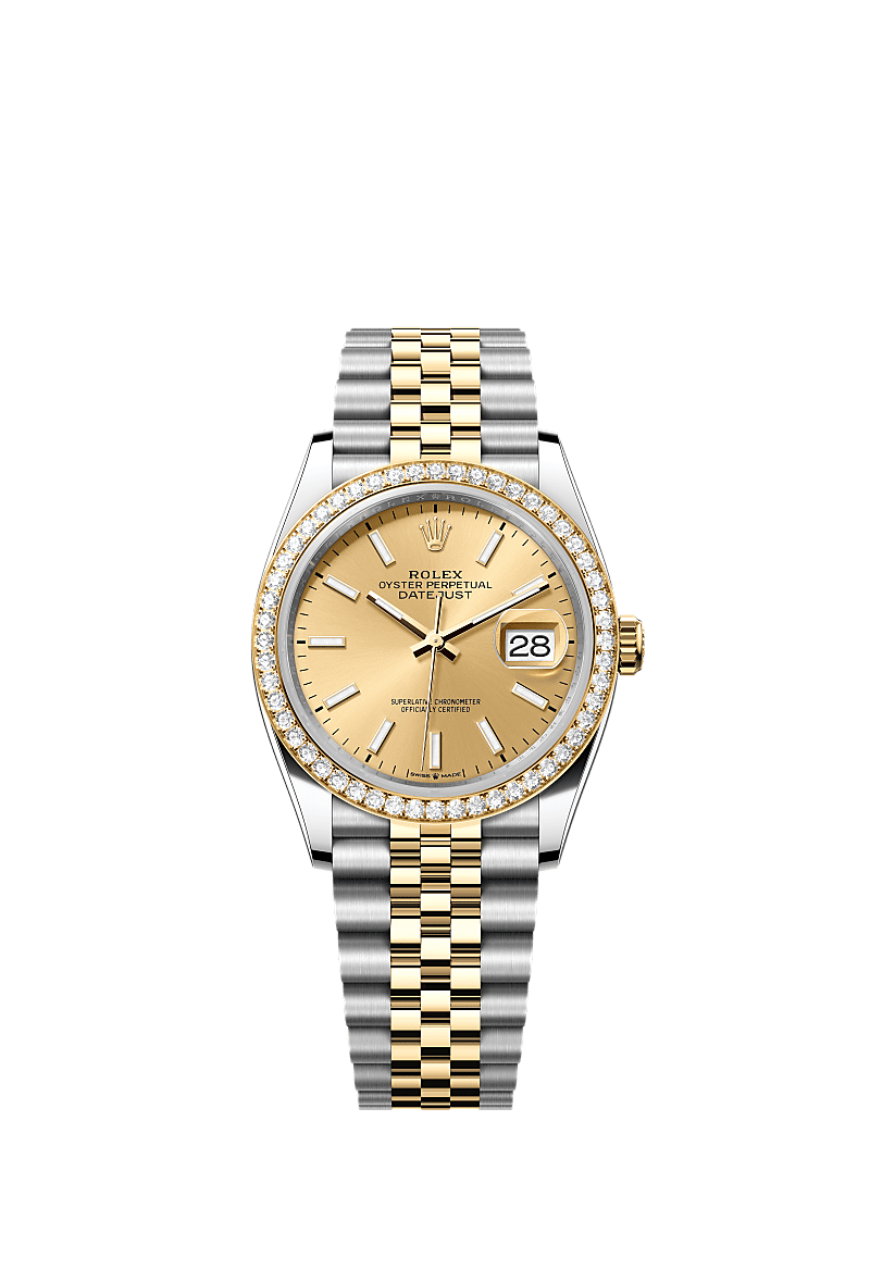 Datejust 36, Oyster, 36 mm, acciaio Oystersteel, oro giallo e diamanti, Quadrante : Color champagne, Rolex
