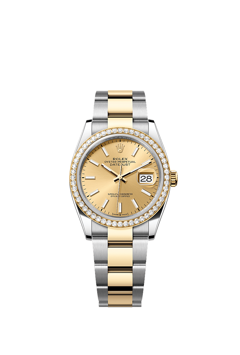 Datejust 36, Oyster, 36 mm, Oystersteel, emas kuning dan berlian, Permukaan : Warna champagne, Rolex