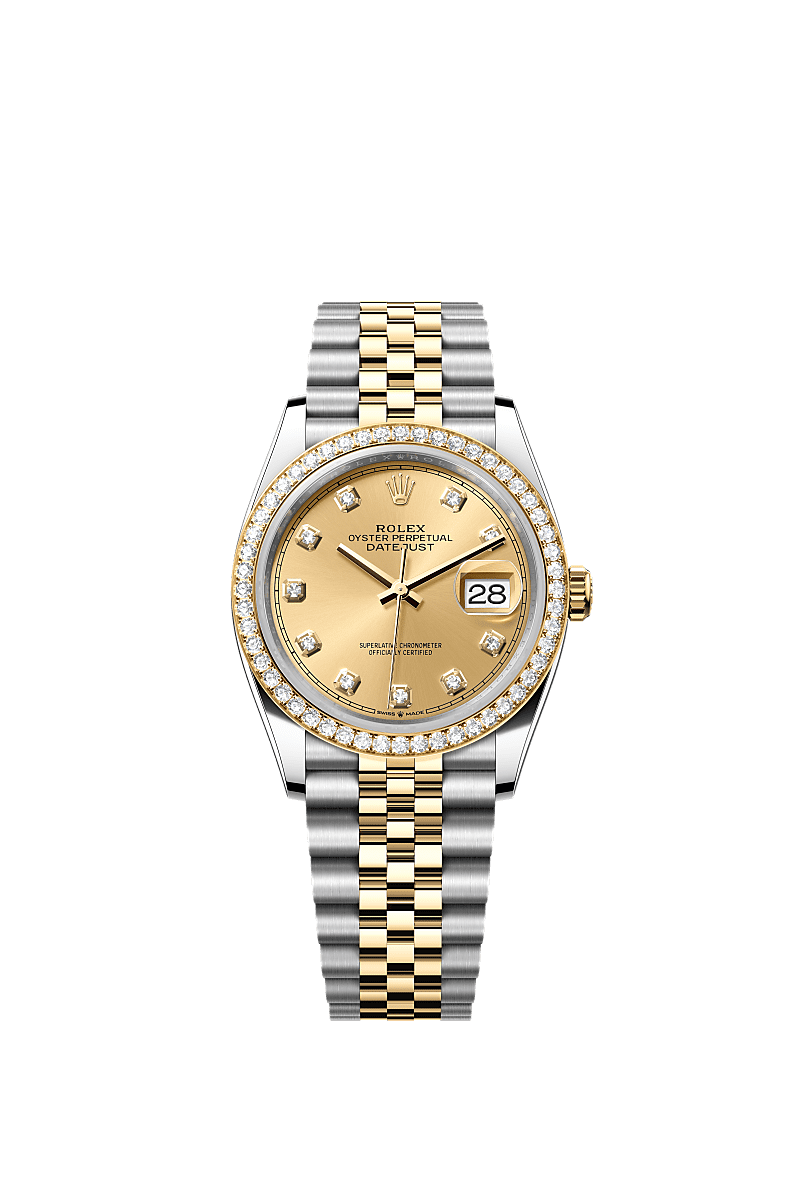 Datejust 36, 蠔式，36毫米，鑽石、黃金及蠔式鋼, 錶面 : 香檳色，鑲鑽石, Rolex