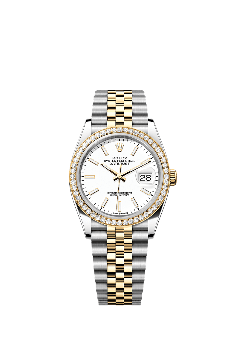 Datejust 36, Oyster, 36 mm, Oystersteel, emas kuning dan berlian, Dial : Putih, Rolex
