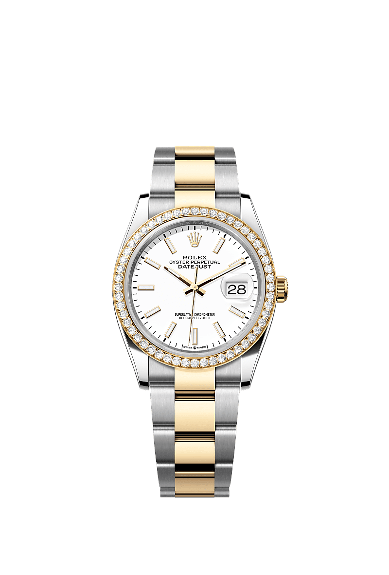 Datejust 36, Oyster, 36 mm, Oystersteel, emas kuning dan berlian, Permukaan : Putih, Rolex