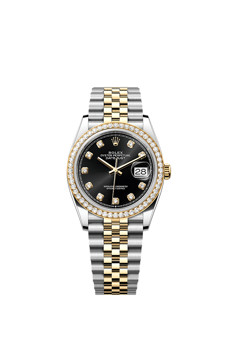 Datejust 36, Oyster, 36 mm, acier Oystersteel, or jaune et diamants, Cadran : Noir vif, serti de diamants, Rolex