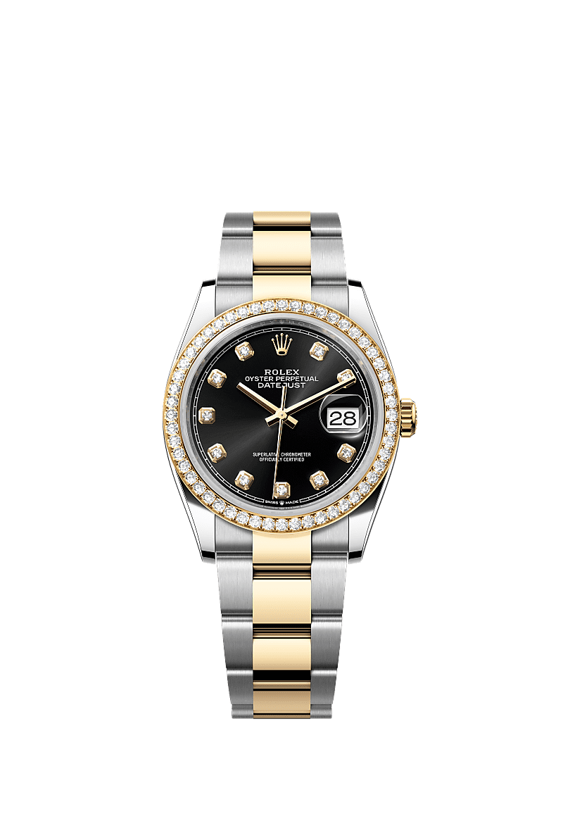 Datejust 36, Oyster, 36 mm, Edelstahl Oystersteel und Gelbgold mit Diamanten, Zifferblatt : Strahlend schwarz mit Diamanten, Rolex