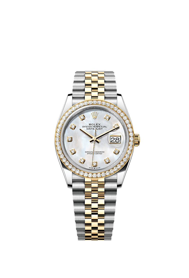 Datejust 36, Oyster, 36 mm, Edelstahl Oystersteel und Gelbgold mit Diamanten, Zifferblatt : Helles Perlmutt-Zifferblatt mit Diamanten, Rolex