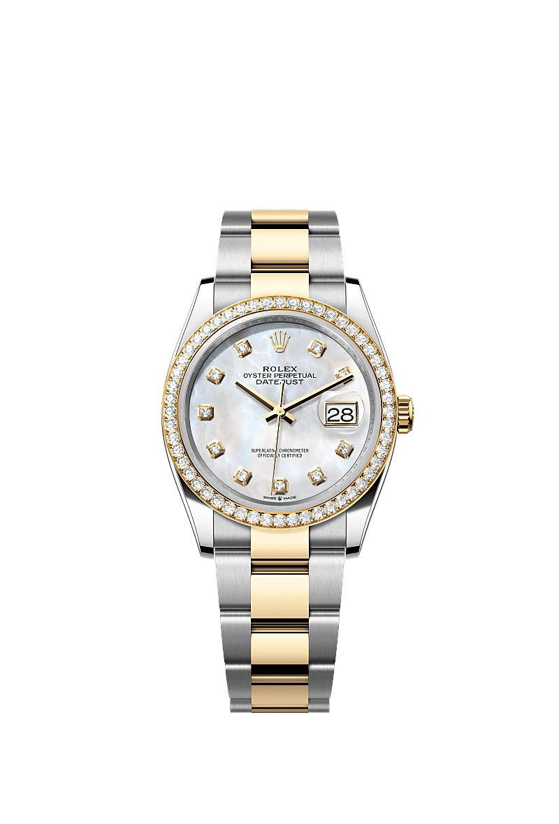Datejust 36, Oyster, 36 mm, acier Oystersteel, or jaune et diamants, Cadran : Nacre blanche, serti de diamants, Rolex