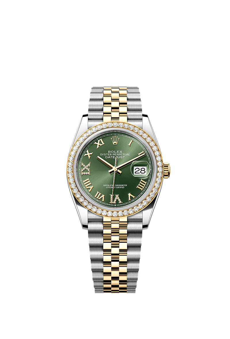 Datejust 36, Oyster, 36 mm, Oystersteel, yellow gold and diamonds, Dial : Olive green set with diamonds, Rolex