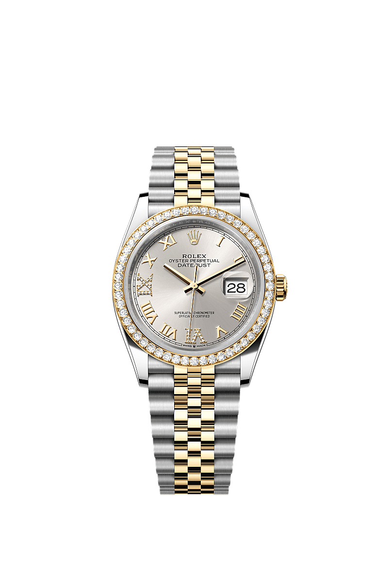 Datejust 36, Oyster, 36 mm, Oystersteel, emas kuning dan berlian, Permukaan : Perak dipasangkan dengan berlian, Rolex