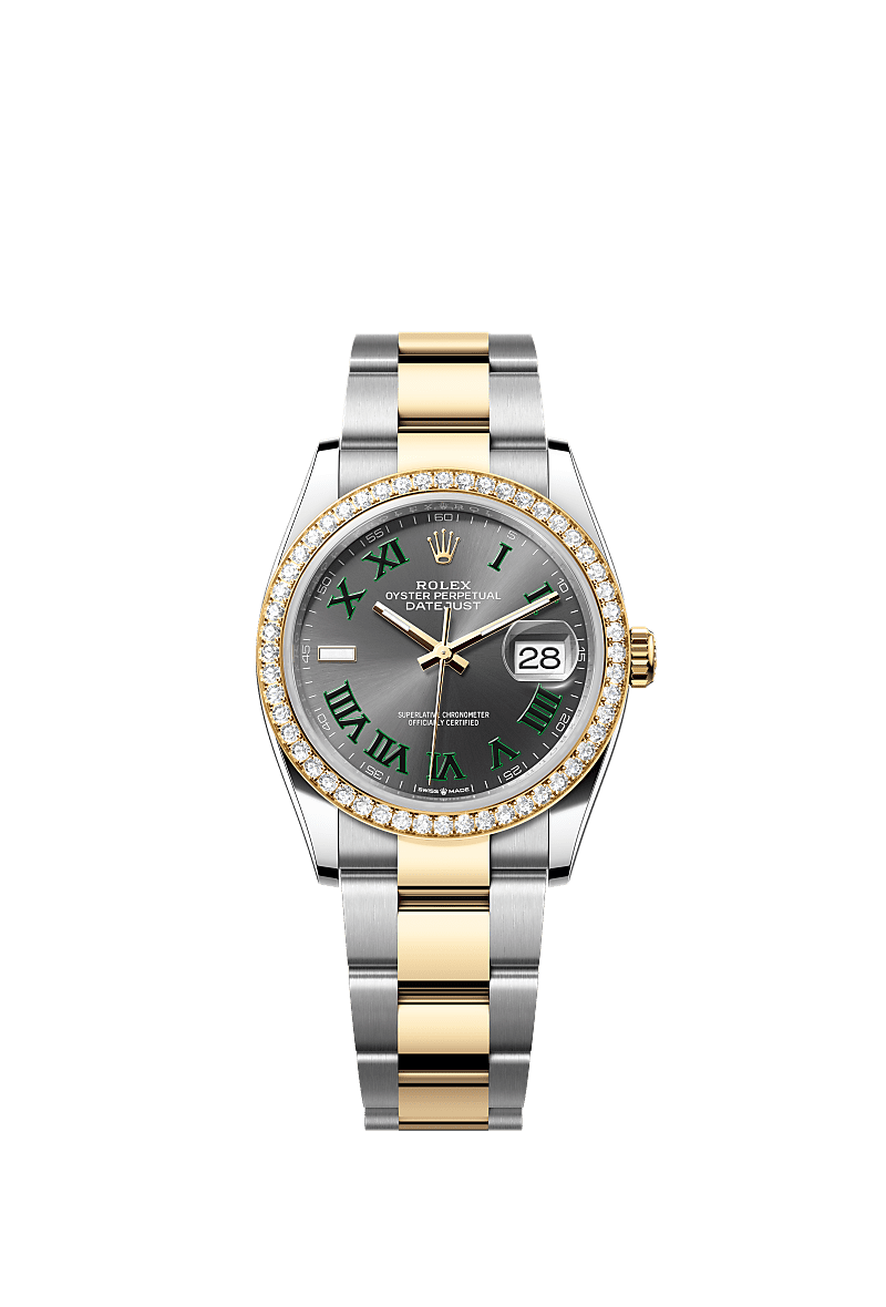 Datejust 36, Oyster, 36 mm, Oystersteel, emas kuning dan berlian, Permukaan : Batu loh, Rolex