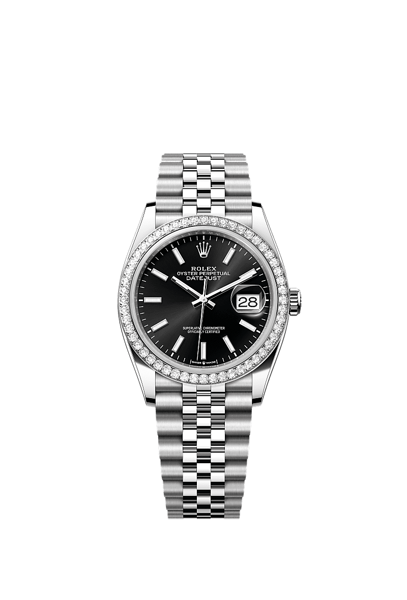 Datejust 36, Oyster, 36 mm, Oystersteel, white gold and diamonds, Dial : Bright black, Rolex