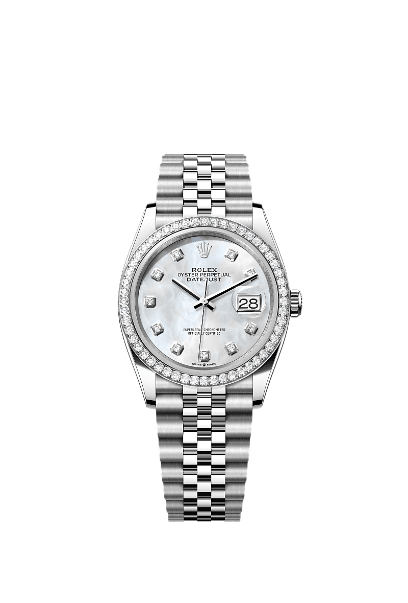 Datejust 36, Oyster, 36 mm, thép Oystersteel, vàng trắng và kim cương, Mặt đồng hồ : Mặt đồng hồ ngọc trai trắng nạm kim cương, Rolex