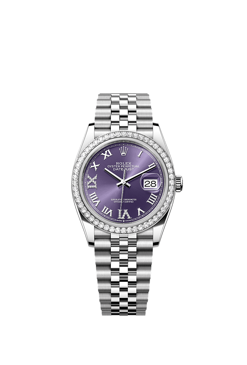 Datejust 36, Oyster, 36 mm, acero Oystersteel, oro blanco y diamantes, Esfera : «Aubergine» engastada de diamantes, Rolex
