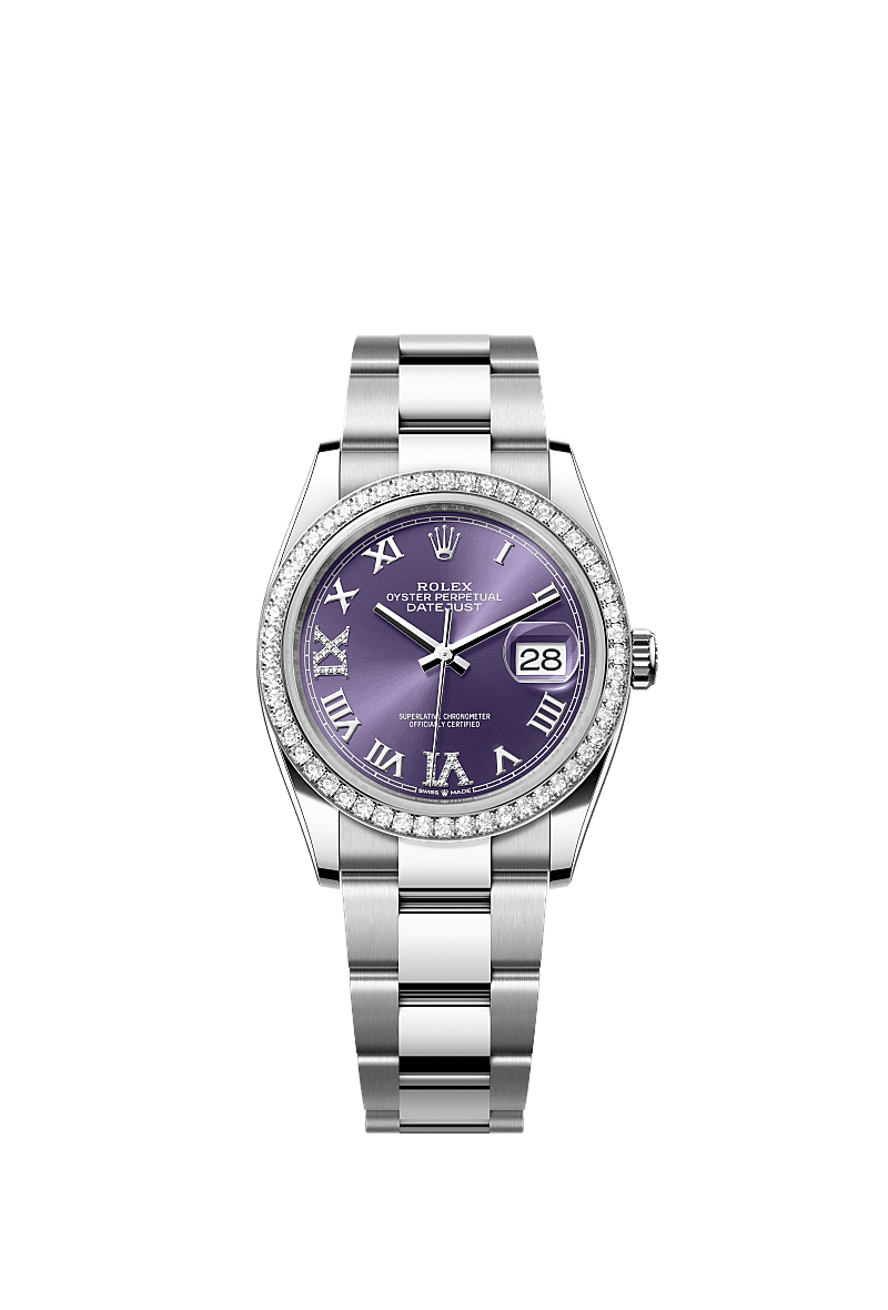 Datejust 36, Oyster, 36 mm, aço Oystersteel, ouro branco e diamantes, Mostrador : <i>Aubergine</i> cravejado de diamantes, Rolex