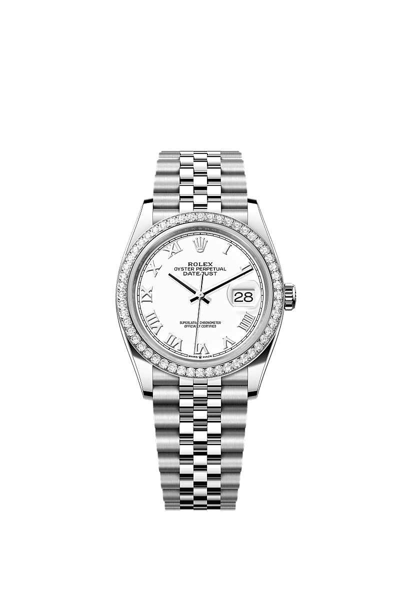 Datejust 36, Oyster, 36 mm, acciaio Oystersteel, oro bianco e diamanti, Quadrante : Bianco, Rolex