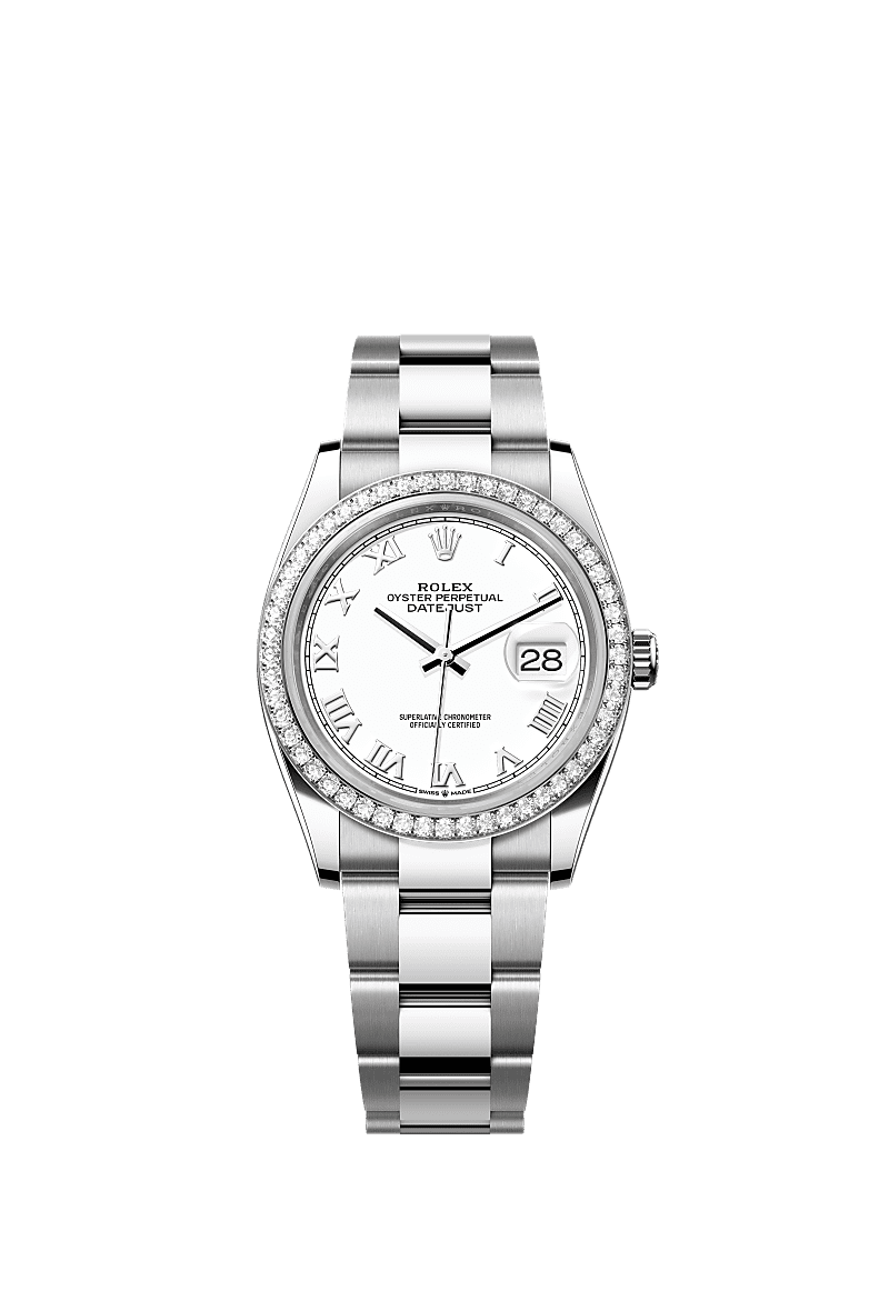 Datejust 36, Oyster, 36 mm, acciaio Oystersteel, oro bianco e diamanti, Quadrante : Bianco, Rolex