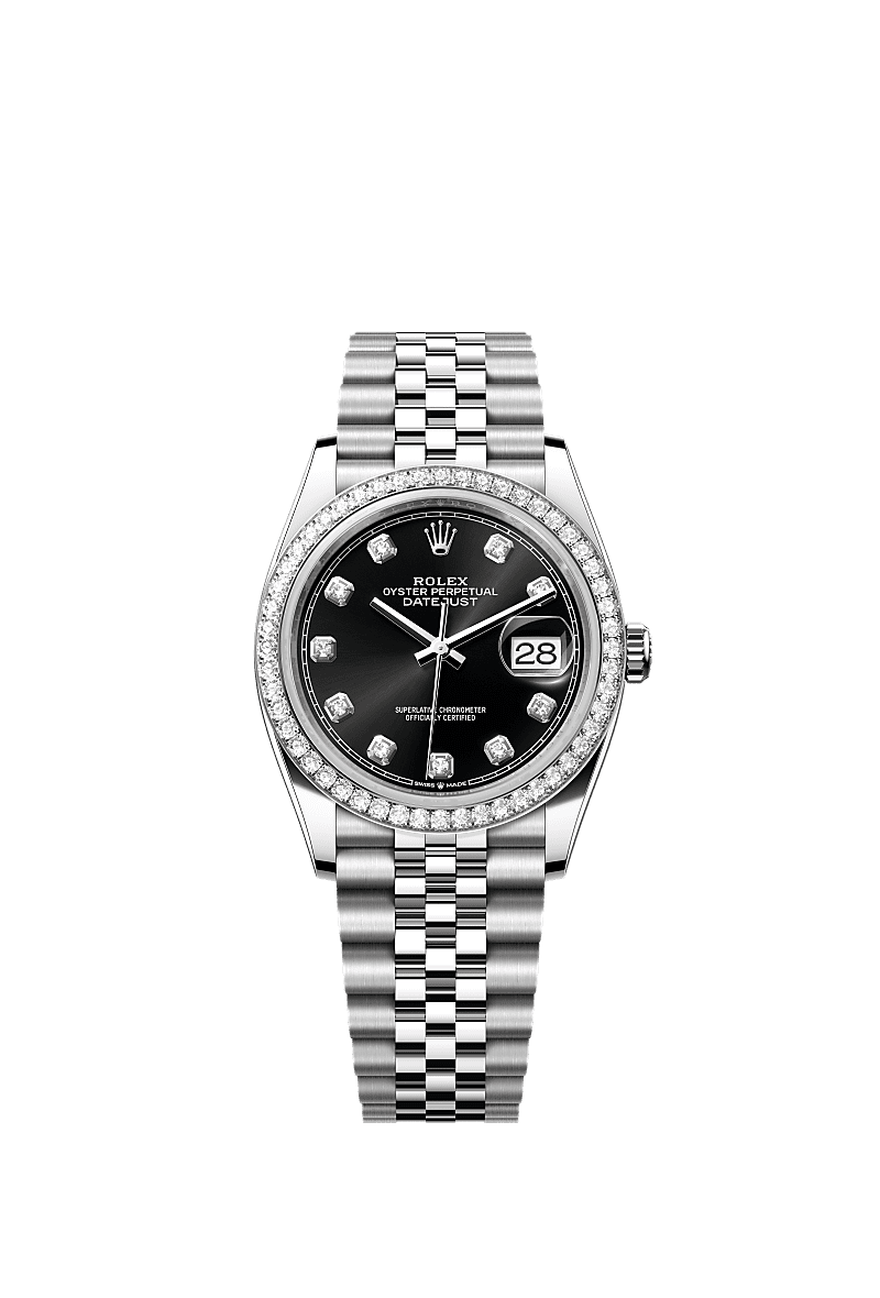 Datejust 36, Oyster, 36 mm, stal Oystersteel, białe złoto i brylanty, Tarcza : Intensywnie czarna, wysadzana brylantami, Rolex