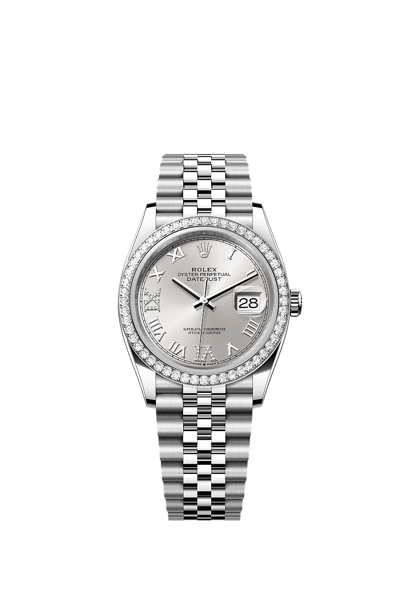 Datejust 36, Oyster, 36 mm, thép Oystersteel, vàng trắng và kim cương, Mặt đồng hồ : màu bạc, nạm kim cương, Rolex