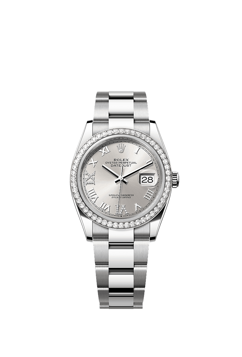 Datejust 36, Oyster, 36 mm, Oystersteel çelik, beyaz altın ve pırlanta, Kadran : Pırlantalı gümüş, Rolex
